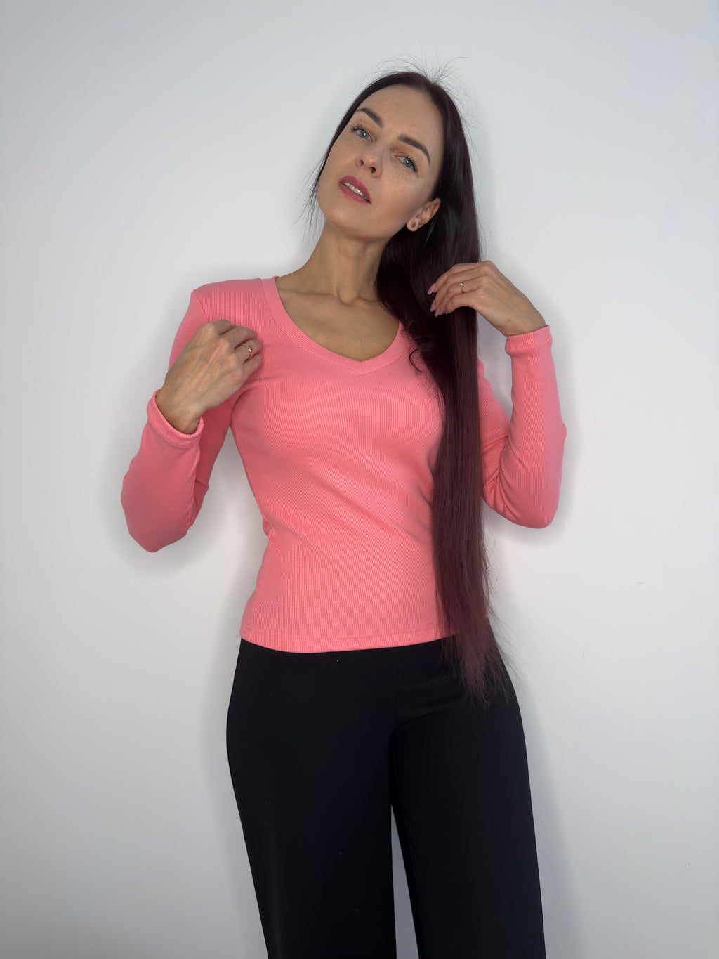 Rožinė palaidinė ilgomis rankovėmis
