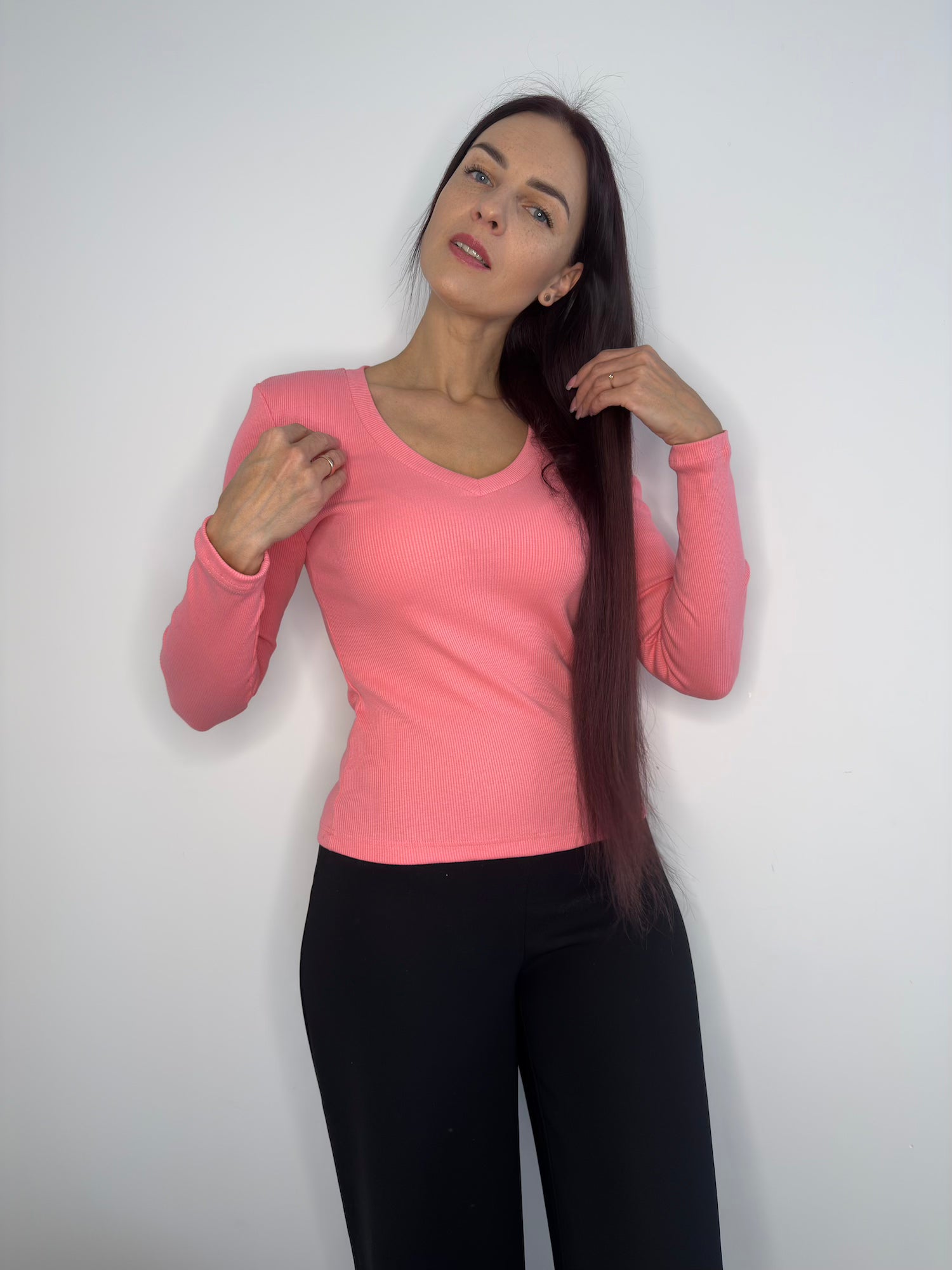 Rožinė palaidinė ilgomis rankovėmis